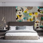 Tapet Personalizat Eclectic cu amestec de elemente de sculptura si natura in nuante vibrante de galben si turcoaz - TURQUOISE ECLECTIC