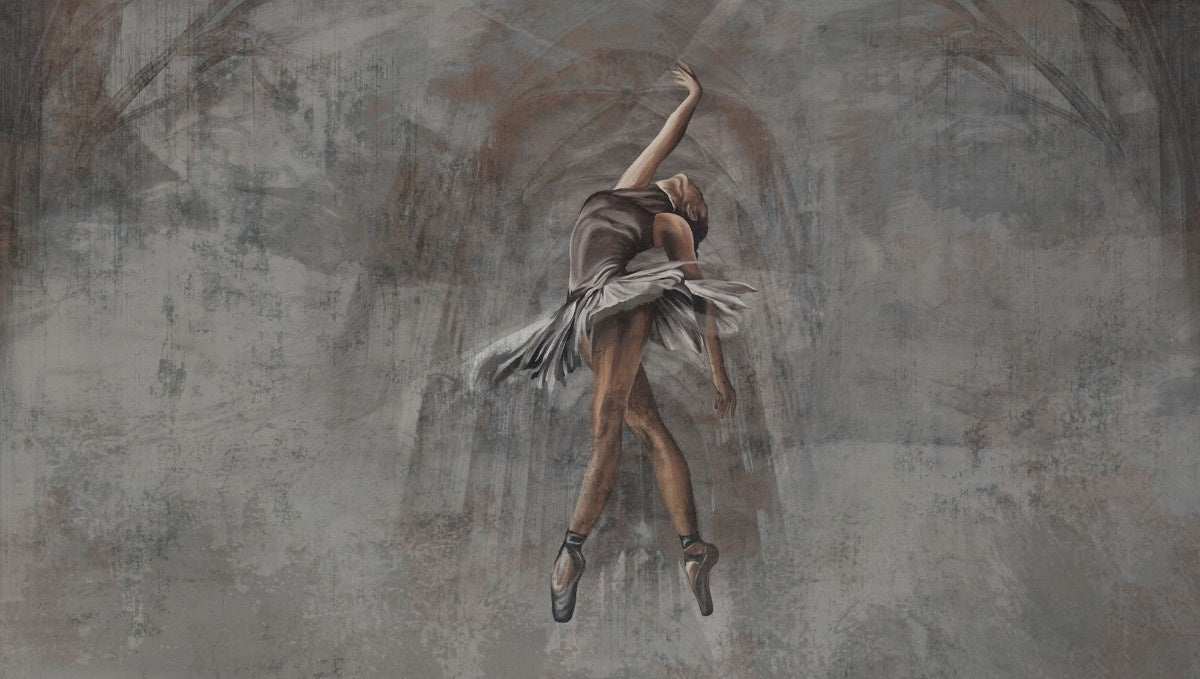 tapet personalizat fine art cu balerina gratioasa pe un fundal gri inchis si accente aramii combinate cu textura in stil stucco