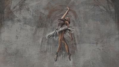 tapet personalizat fine art cu balerina gratioasa pe un fundal gri inchis si accente aramii combinate cu textura in stil stucco