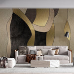 Tapet personalizat fine art cu forme geometrice verticale de diferite texturi aurii negre si bej sidefate combinate intr un stil elegant si rafinat