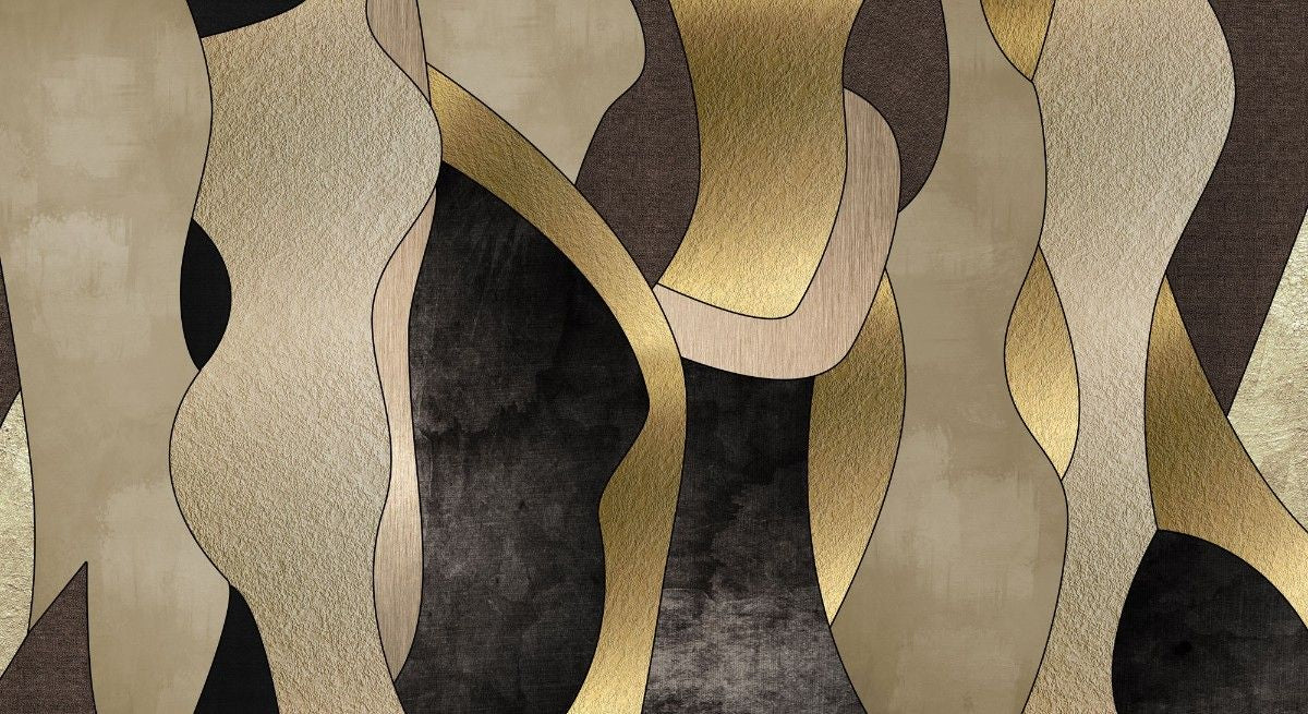 tapet personalizat fine art cu forme geometrice verticale de diferite texturi aurii negre si bej sidefate combinate intr un stil elegant si rafinat