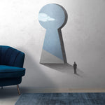 Tapet Personalizat Fine Art cu inspiratie minimalist abstracta cu om pasind catre cer prin gaura cheii - SKY KEYHOLE