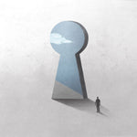 Tapet Personalizat Fine Art cu inspiratie minimalist abstracta cu om pasind catre cer prin gaura cheii - SKY KEYHOLE