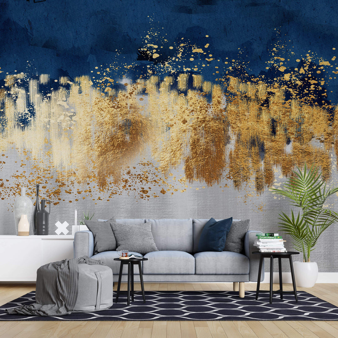 Tapet Personalizat Fine Art cu insertii aurii pe fundal alb texturat si albastru watercolor - TAINTED CANVAS