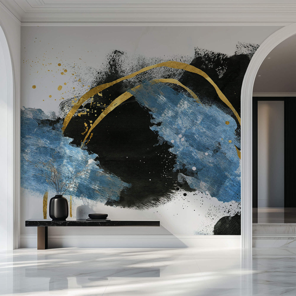 Tapet Personalizat Fine Art cu pictura artistica de accent in nuante de albastru negru si auriu 1 - TEXTURED SPLASH UP
