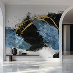 Tapet Personalizat Fine Art cu pictura artistica de accent in nuante de albastru negru si auriu 1 - TEXTURED SPLASH UP
