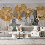 Tapet Personalizat Fine Art cu 3 siluete feminine si elemente florale pe fundal texturat - GOLDEN AURA