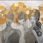 Tapet Personalizat Fine Art cu 3 siluete feminine si elemente florale pe fundal texturat - GOLDEN AURA