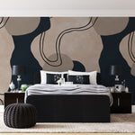 Tapet personalizat line art cu design integrat intr un pattern jucaus in nuante de albastru marin si bej