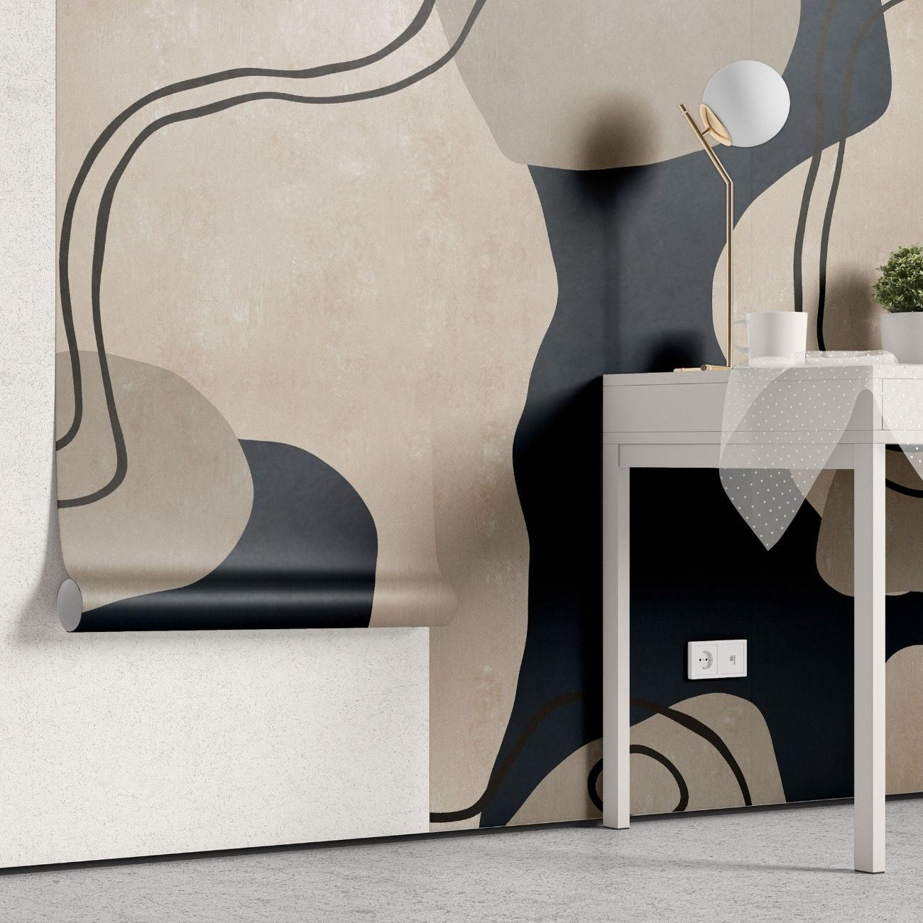 tapet personalizat line art cu design integrat intr un pattern jucaus in nuante de albastru marin si bej