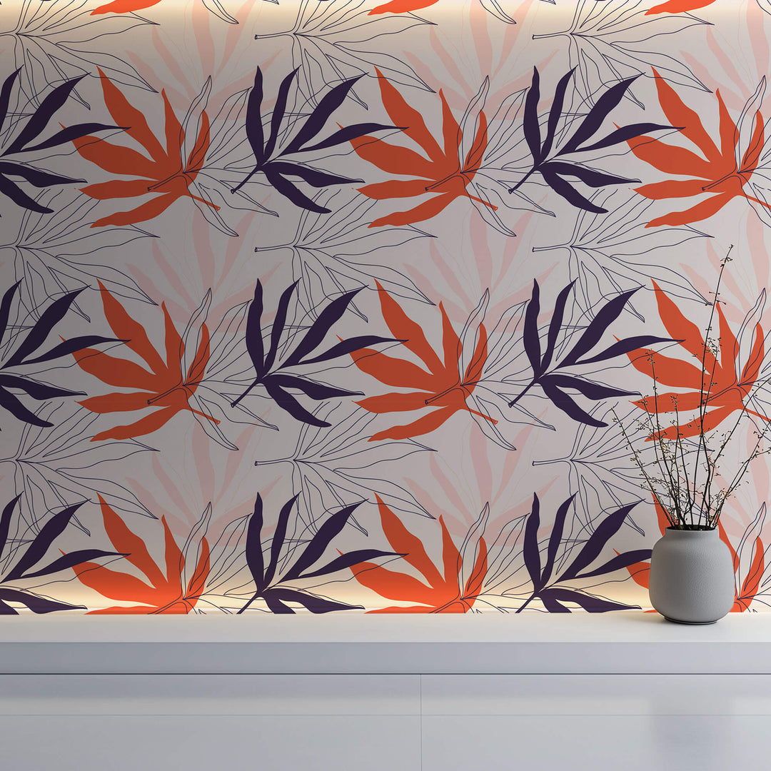 Tapet personalizat Line Art cu frunze in nuante corai desenate in stil line art - CORAL LEAVES