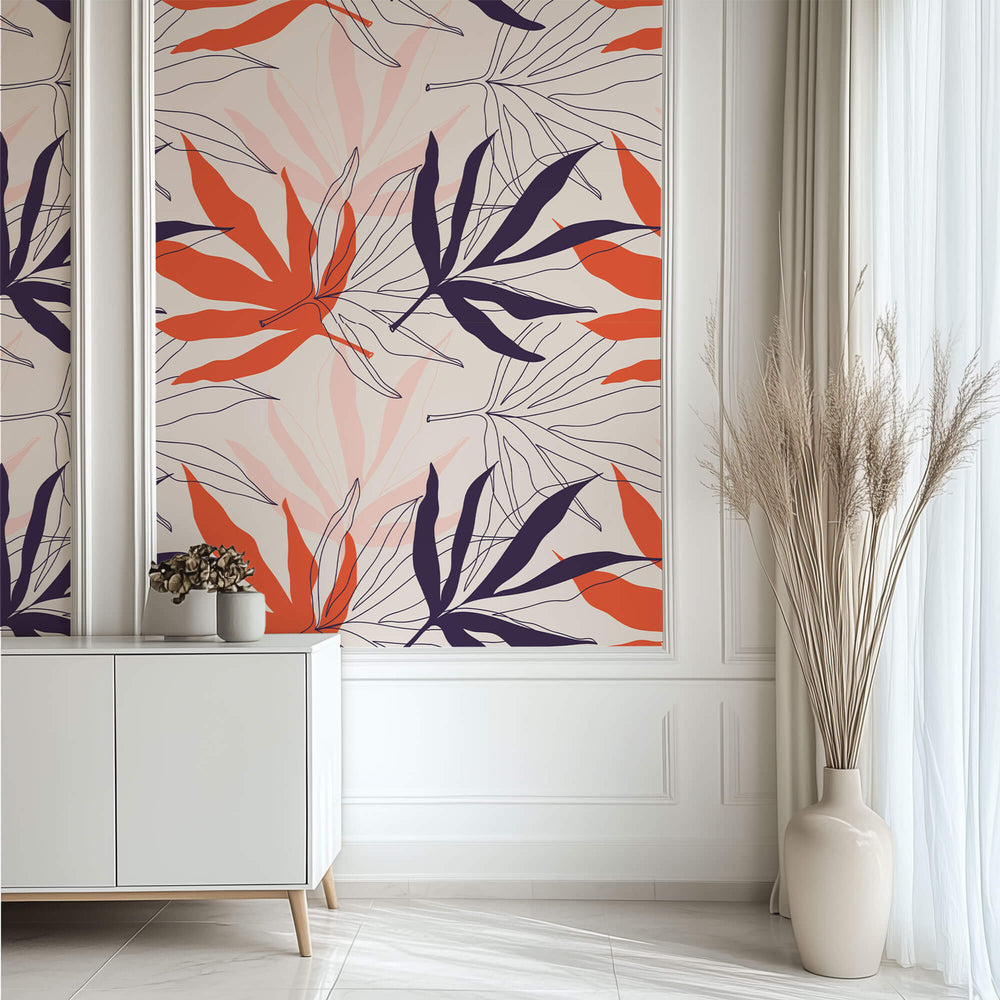 Tapet personalizat Line Art cu frunze in nuante corai desenate in stil line art - CORAL LEAVES