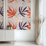 Tapet personalizat Line Art cu frunze in nuante corai desenate in stil line art - CORAL LEAVES