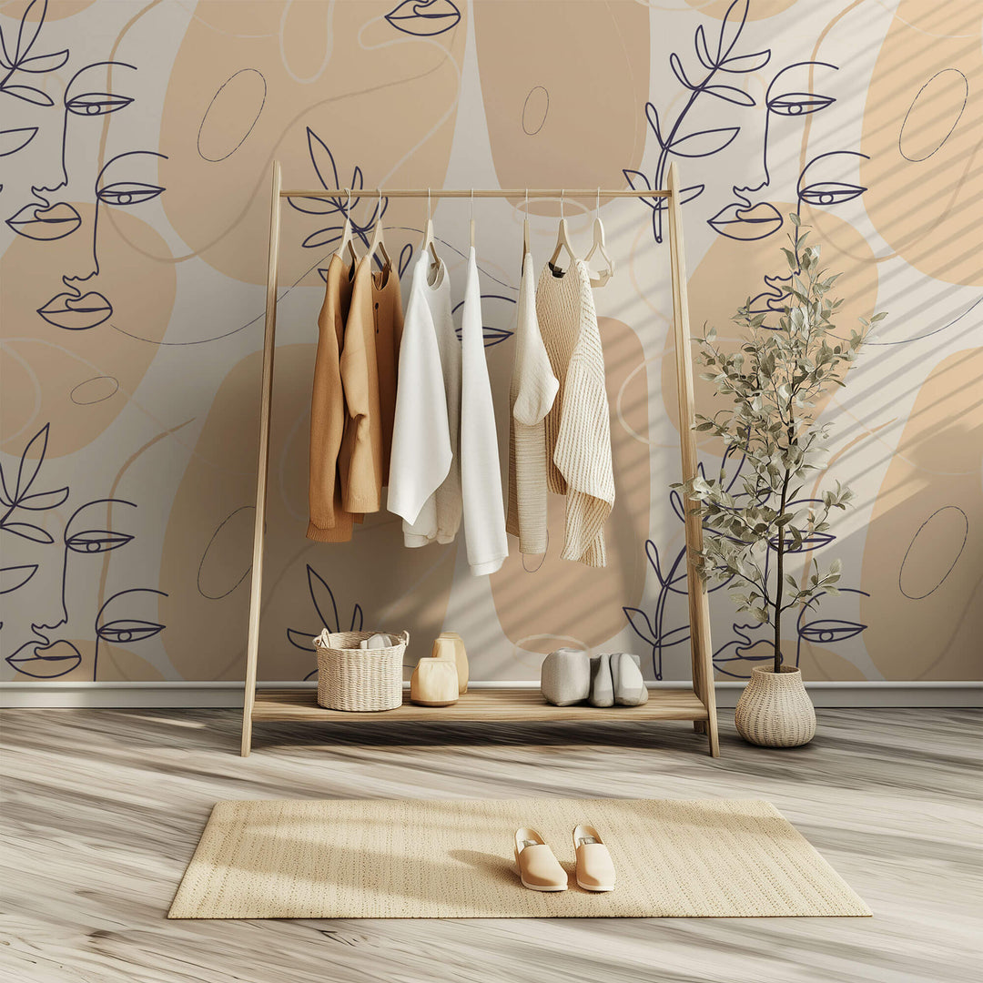 Tapet personalizat Line Art cu plante si fete minimaliste realizate in stil line art - LEAF PORTRAIT