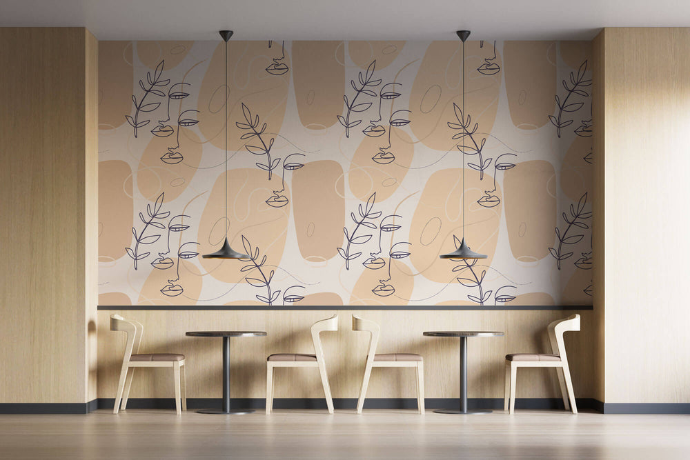 Tapet personalizat Line Art cu plante si fete minimaliste realizate in stil line art - LEAF PORTRAIT