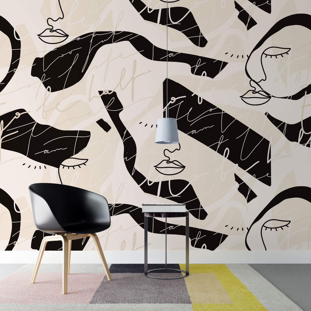 Tapet personalizat Line Art cu portrete feminine si scris italic in nuante de bej si negru - WRITING ART