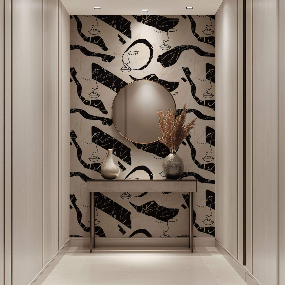 Tapet personalizat Line Art cu portrete feminine si scris italic in nuante de bej si negru - WRITING ART