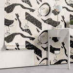 Tapet personalizat Line Art cu portrete feminine si scris italic in nuante de bej si negru - WRITING ART