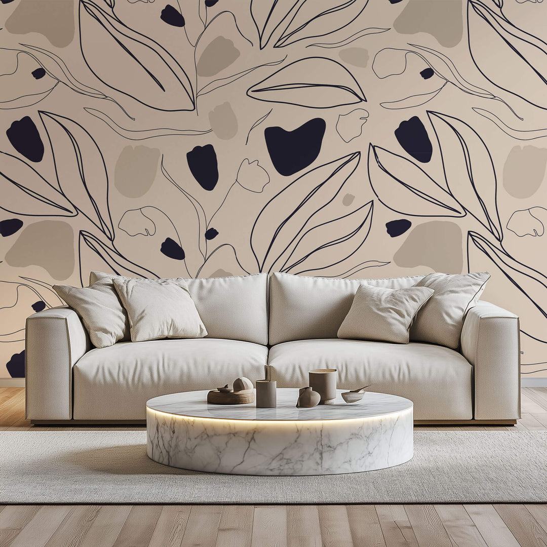 Tapet personalizat Line Art cu plante abstracte in nuante de bej - BEIGE LINE TULIPS