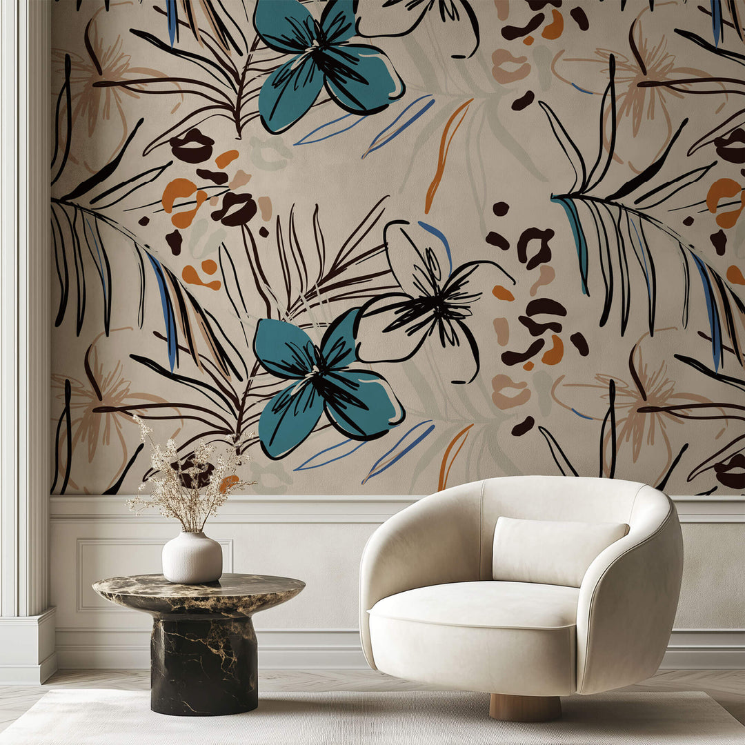 Tapet personalizat Line Art cu flori tropicale desenate in stil line art - ALOHA