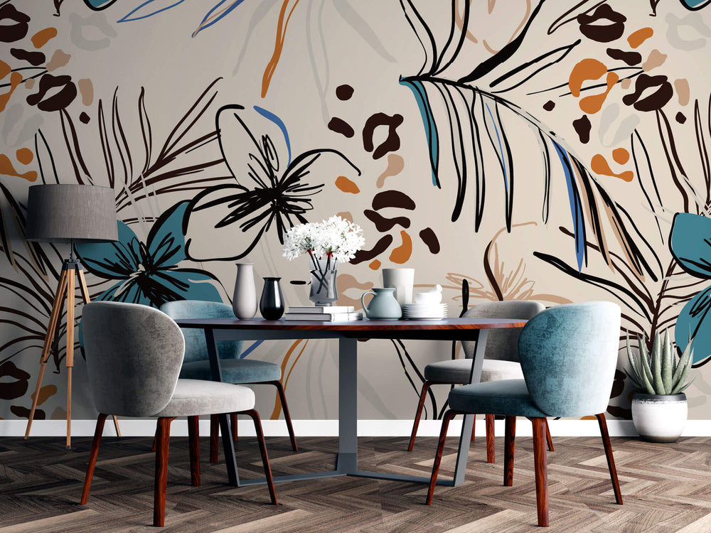 Tapet personalizat Line Art cu flori tropicale desenate in stil line art - ALOHA