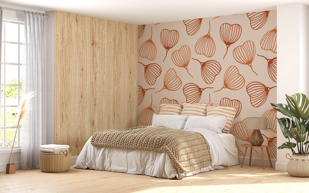 Tapet personalizat Line Art cu frunze mici in nuante de portocaliu - LITTLE ORANGE LEAVES