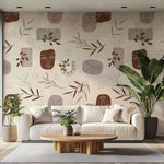 Tapet personalizat Line Art cu sculpturi si plante in tonuri pamantii - AESTHETIC SCULPTURES