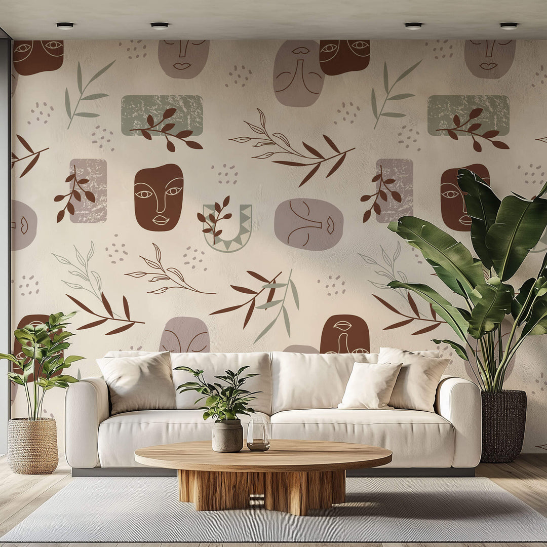 Tapet personalizat Line Art cu sculpturi si plante in tonuri pamantii - AESTHETIC SCULPTURES