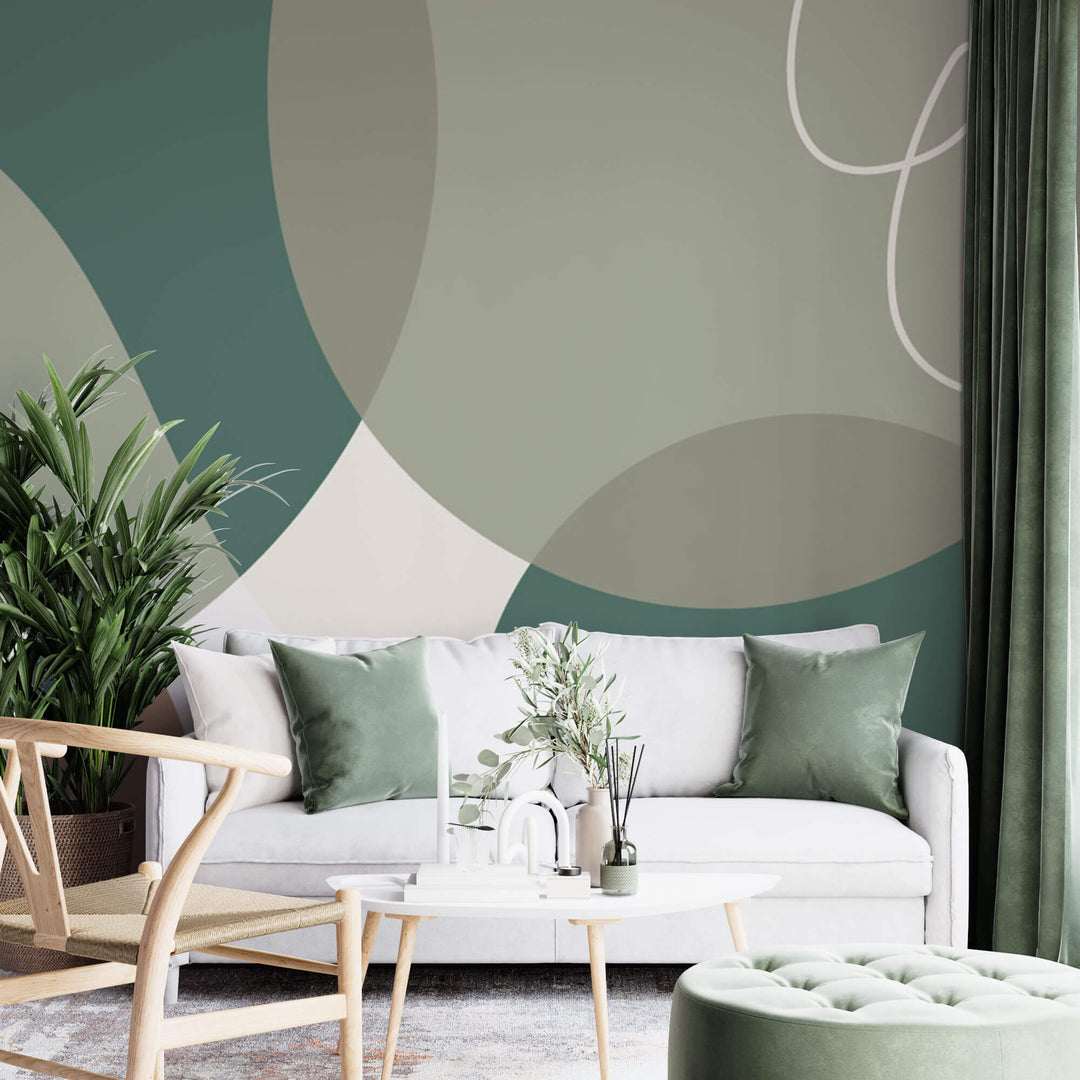 Tapet personalizat Line Art cu forme abstracte in nuante de verde - GREEN AESTHETIC