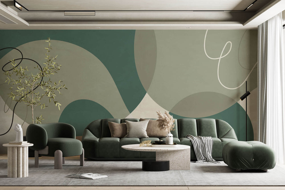 Tapet personalizat Line Art cu forme abstracte in nuante de verde - GREEN AESTHETIC