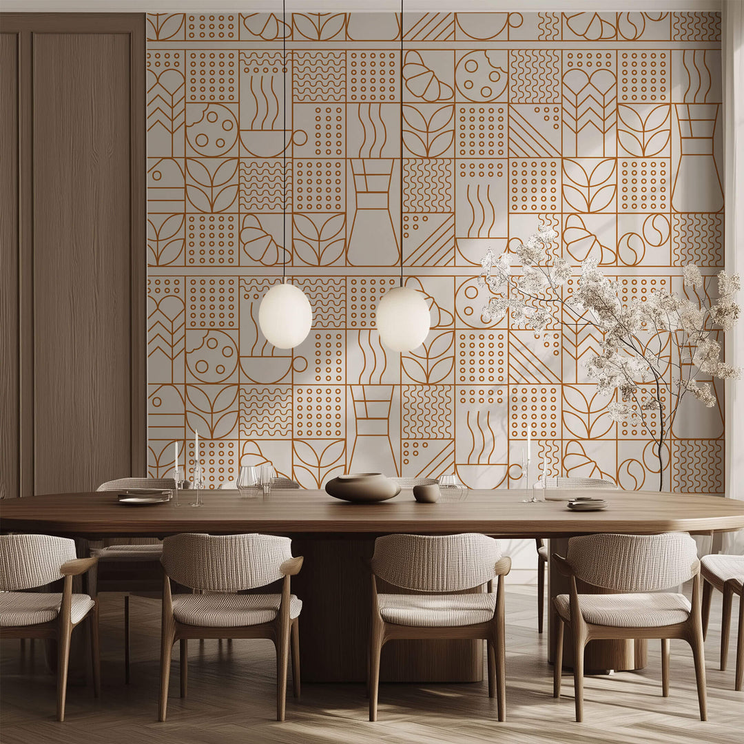 Tapet personalizat Line Art cu model minimalist cu elemente specifice ritualului de dimineata - GOOD MORNING