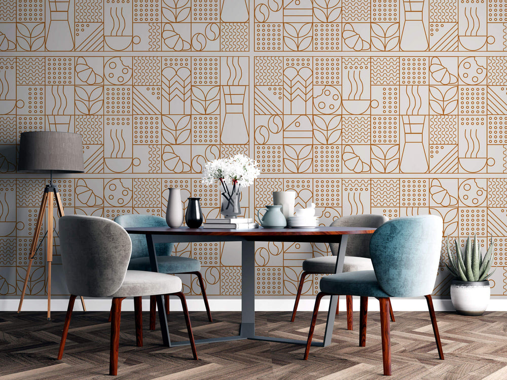 Tapet personalizat Line Art cu model minimalist cu elemente specifice ritualului de dimineata - GOOD MORNING