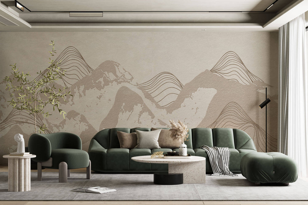 Tapet personalizat Line Art cu peisaj montan cu munti texturati in nuante de bej - FREQUENCY MOUNTAINS