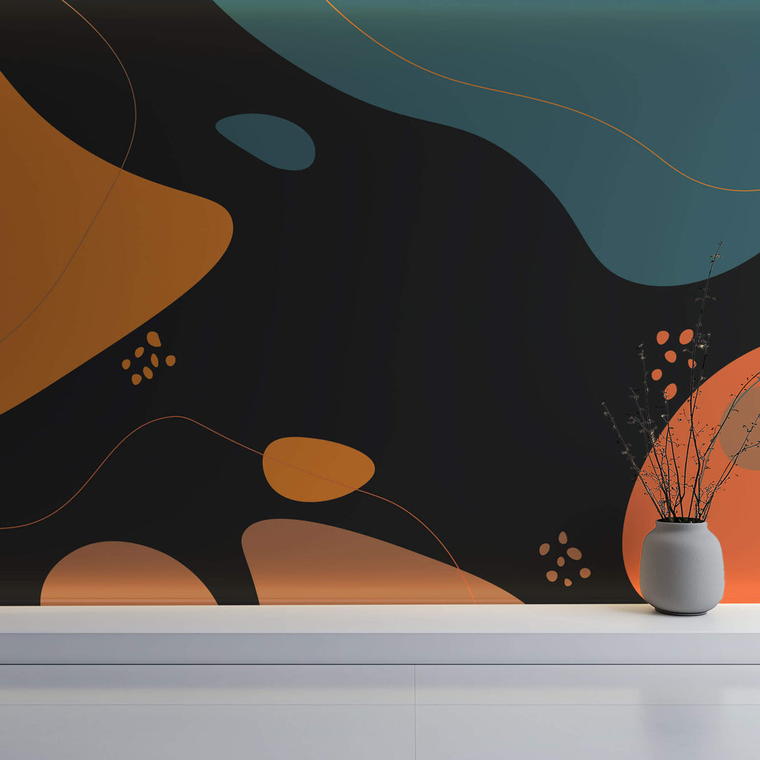 Tapet personalizat Line Art cu forme fluide abstracte in nuante de portocaliu si turcoaz pe un fundal negru - MIDNIGHT FLUIDITY