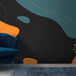Tapet personalizat Line Art cu forme fluide abstracte in nuante de portocaliu si turcoaz pe un fundal negru - MIDNIGHT FLUIDITY