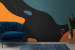 Tapet personalizat Line Art cu forme fluide abstracte in nuante de portocaliu si turcoaz pe un fundal negru - MIDNIGHT FLUIDITY