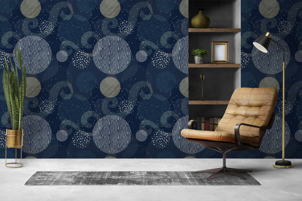 Tapet personalizat Modern cu cercuri in texturi abstracte pe un fundal albastru inchis - OVERLAYED CIRCLES