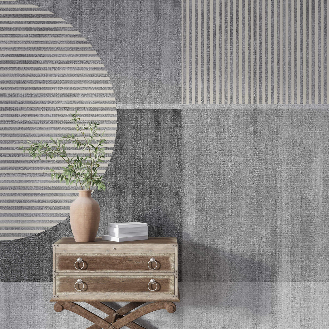 Tapet personalizat Modern cu semicercuri in dungi bej pe un fundal gri plaster - HALF CIRCLE STRIPES
