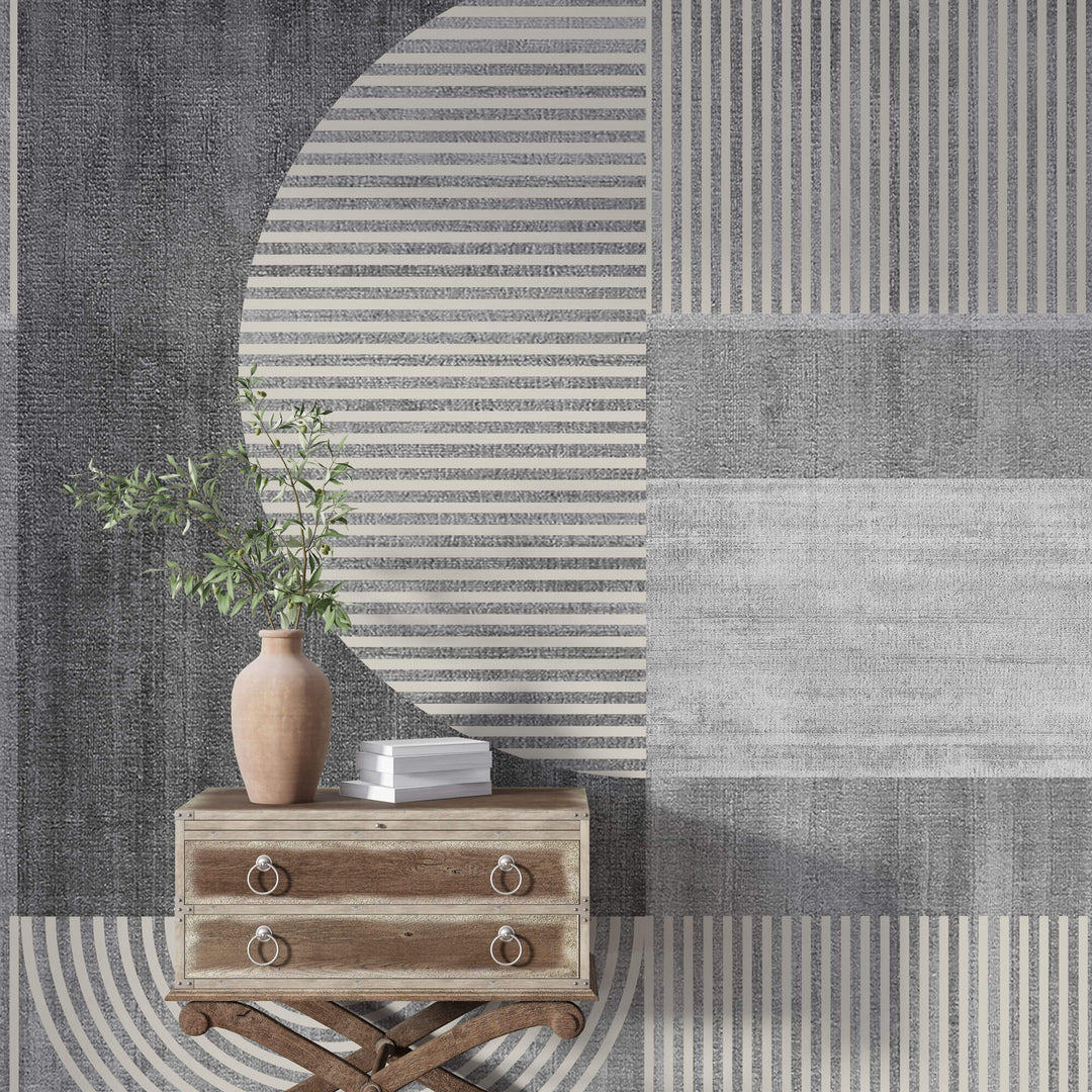Tapet personalizat Modern cu dungi bej verticale si in semicercuri pe un fundal gri plaster - GRAY PLASTER STRIPES