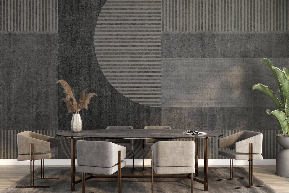 Tapet personalizat Modern cu dungi bej verticale si in semicercuri pe un fundal gri plaster - GRAY PLASTER STRIPES