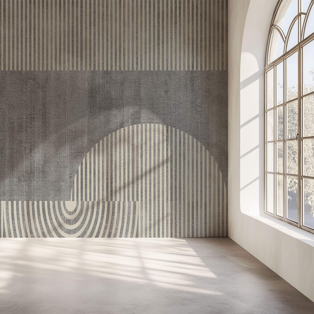 Tapet personalizat Modern cu dungi si semicercuri pe un fundal gri plaster - HALF ILLUSION