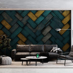 Tapet personalizat Modern cu placi diagonale de lemn in nuante de turoaz si galben - TURQUOISE WOOD