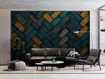 Tapet personalizat Modern cu placi diagonale de lemn in nuante de turoaz si galben - TURQUOISE WOOD