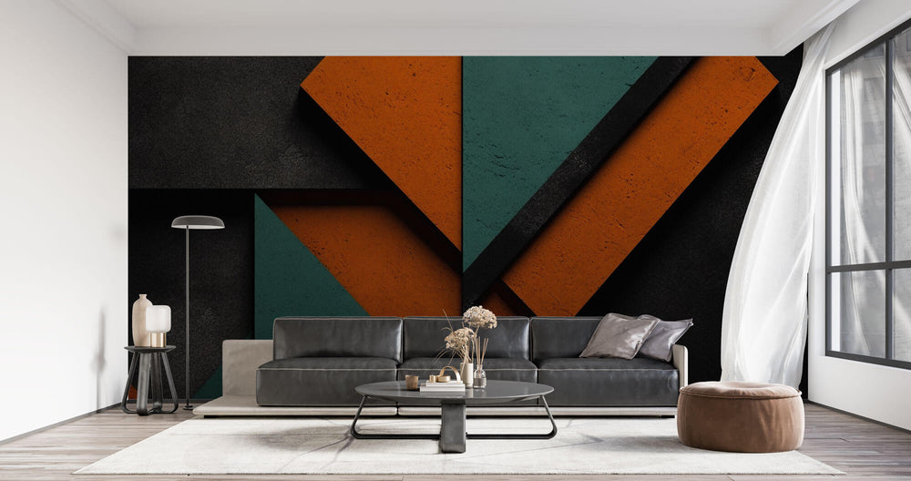 Tapet personalizat Modern cu forme abstracte cu efect 3D in nuante de portocaliu si turcoaz - MODERN STONE WALL