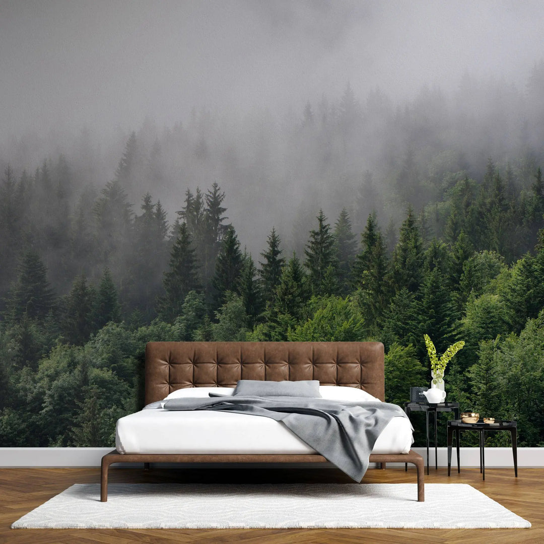 Fotoapet personalizat forest cu padure verde de brazi si pini in ceata foggy pines