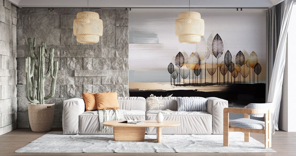 Tapet personalizat forest cu o reprezentare artistica a unei paduri in nuante de cupru si gri cu o estetica fina si eleganta brass fine forest