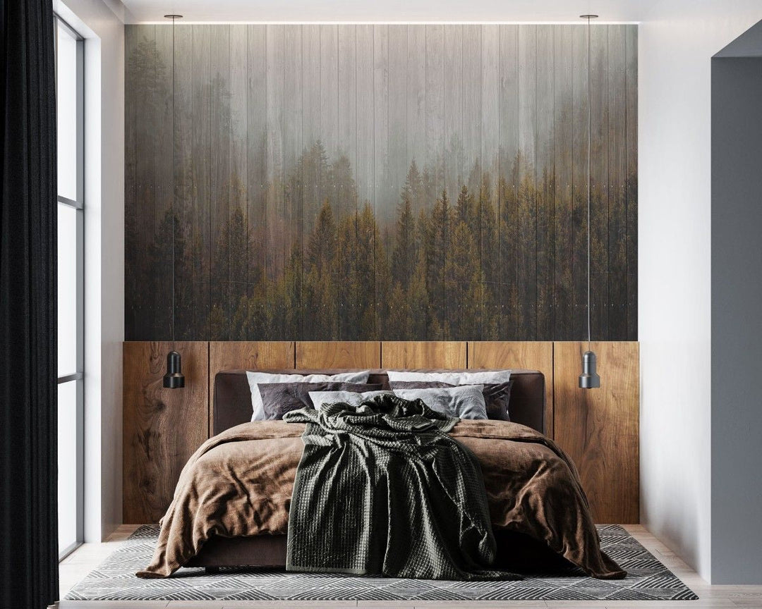 Tapet personalizat forest cu un model de copaci stilizati ce aminteste de textura lemnului oferind un aspect natural si modern wood plank forest