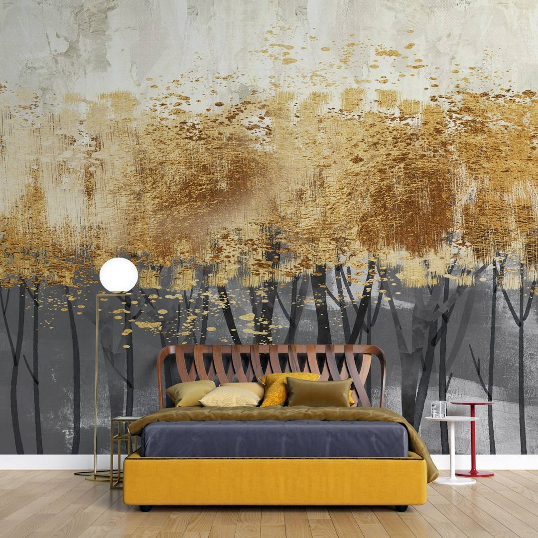 Tapet personalizat forest cu siluete aurii de copaci pe un fundal intunecat aducand o nota de lux si mister golden foil trees