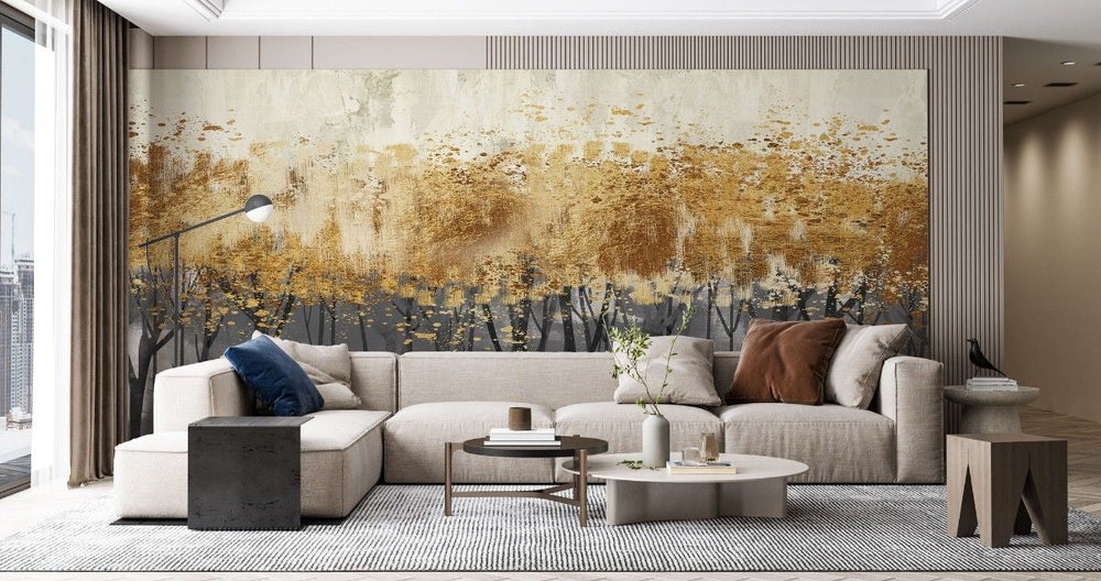 Tapet personalizat forest cu siluete aurii de copaci pe un fundal intunecat aducand o nota de lux si mister golden foil trees