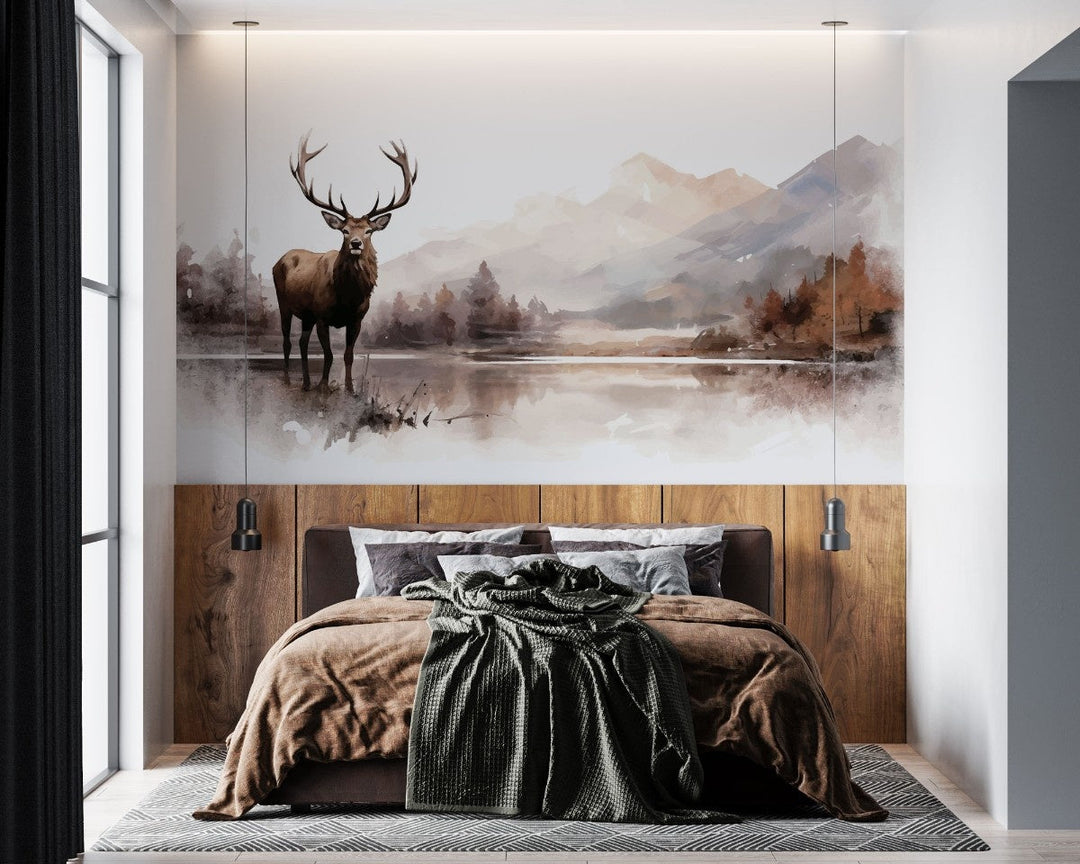 Tapet personalizat forest cu o ilustratie majestuoasa a unui elan intr un peisaj montan impadurit creand o atmosfera salbatica si impresionanta mountain moose